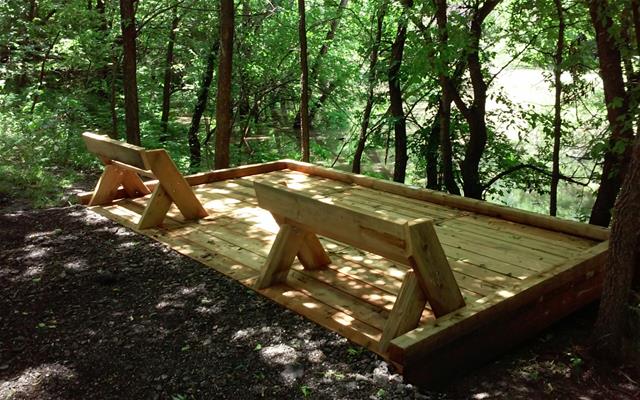 A rustic wooden bench nestled in the woods